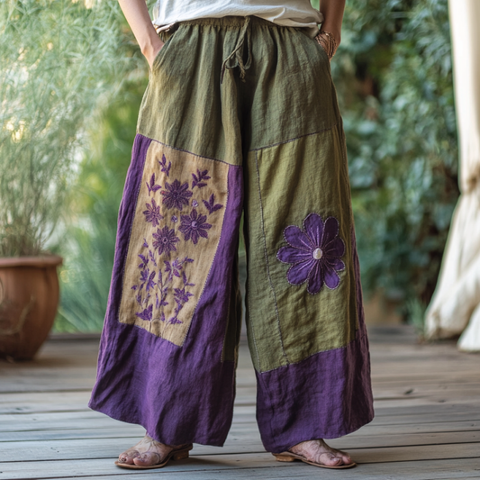 Vintage Bohemian Lavender Patchwork Art Printed Cotton Linen Wide Leg Pants elevenforest