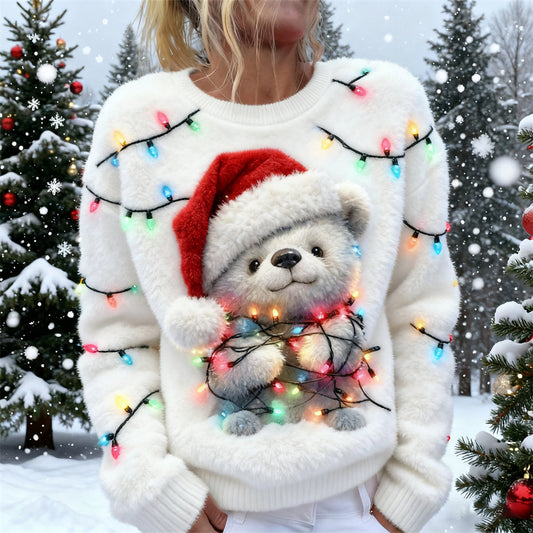 Comstylish Christmas Lights Bear Women's Soft Plush Sweater