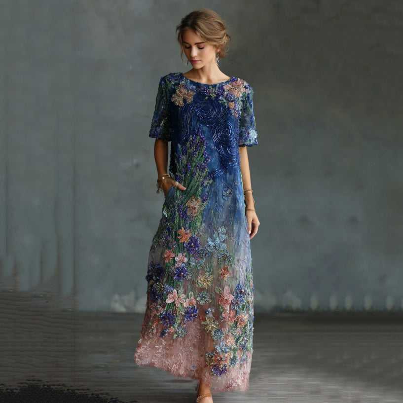 Women's Oil Painting Floral Contrast Color Sequined Maxi Dress elevenforest