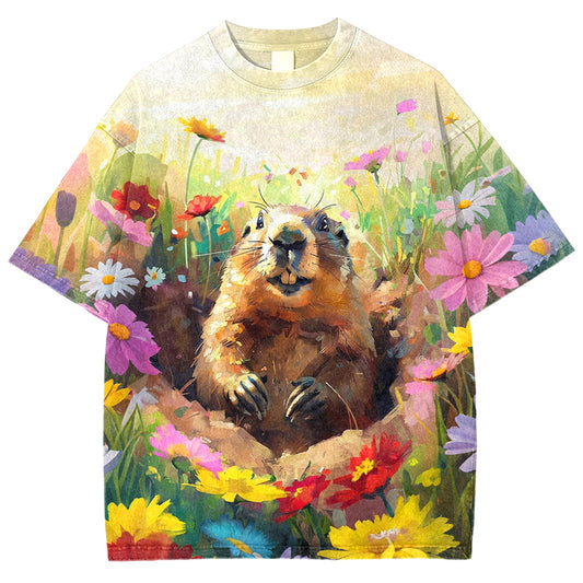 Comstylish Women's Happy Groundhog Day Flowers Vintage Tee