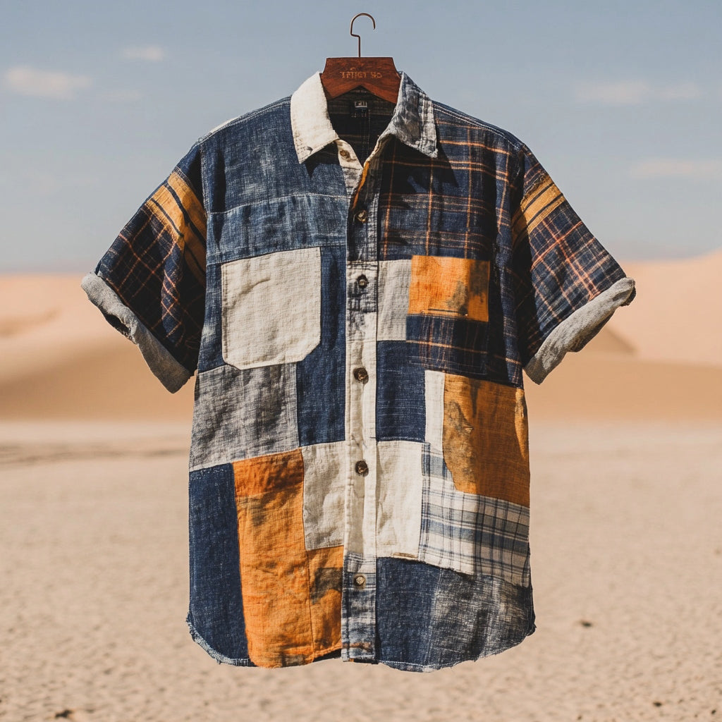 Men's Vintage Recycled Fabric Patchwork Contrast Linen Shirt elevenforest