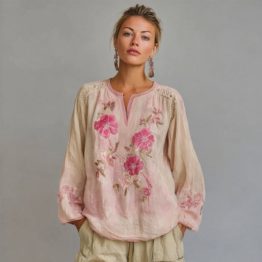 Boho Pink Floral Embroidered Vintage Linen Tunic elevenforest