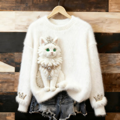 Comstylish Cute Fluffy Cat Pattern Thick Pullover Sweater