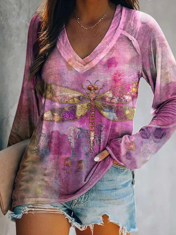 Comstylish Women's Dragonfly Print Casual V Neck Long Sleeve Tops