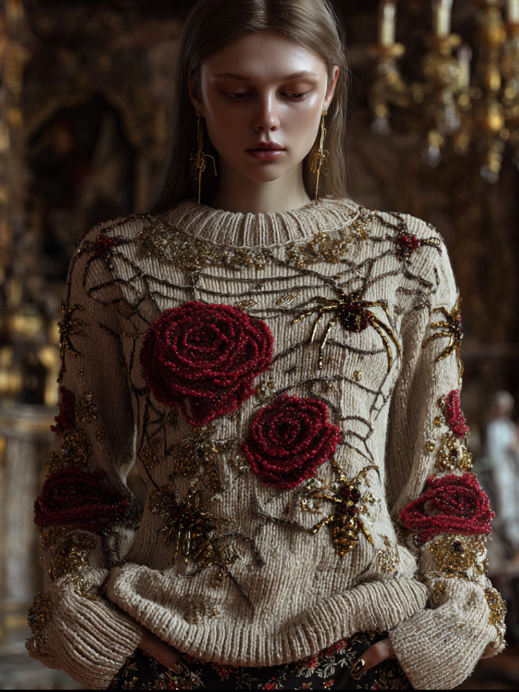 Antique Halloween Spider Silk And Red Rose Rice White Round Neck Sweater elevenforest