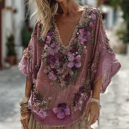 Women's Pansy Embroidered Sequined Short Sleeve T-shirt elevenforest
