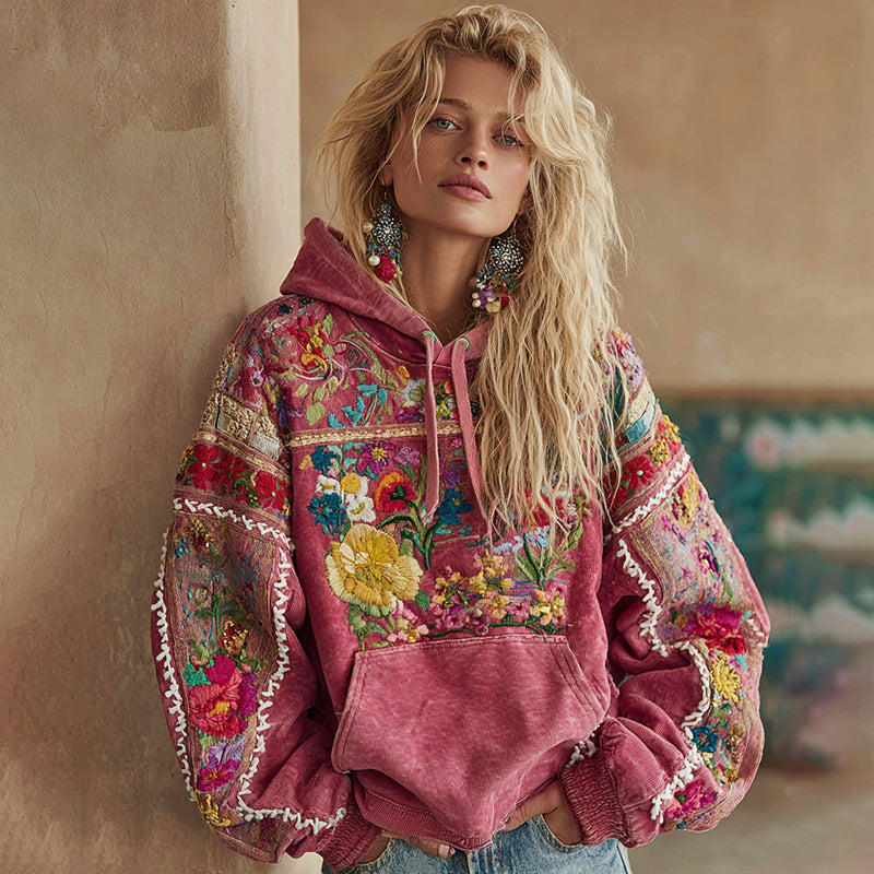 Comstylish Women's Vintage Bohemian Floral Embroidery Long Sleeve Hoodie