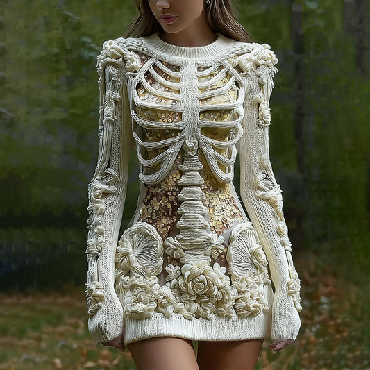 Women's Vintage Halloween Skeleton Bones With Glitter And Rose Art Cozy Knit Mini Sweater Dress elevenforest