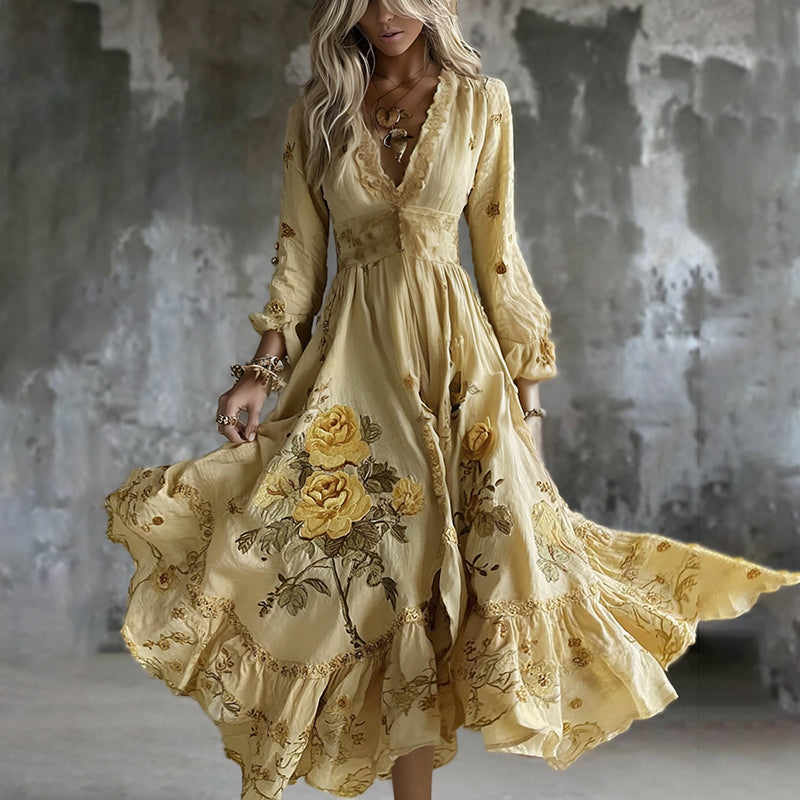 Women's Yellow Roses And Floral Art Print V-neck Long Sleeve Maxi Dress elevenforest
