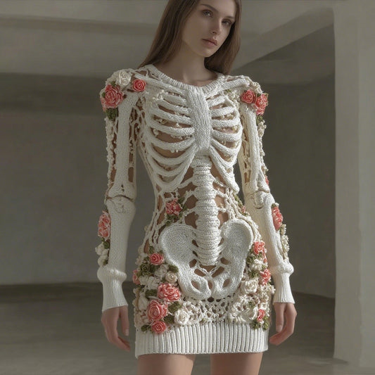 Women's Vintage Skull Pink Rose Crochet Comfort Knit Sweater Dress elevenforest