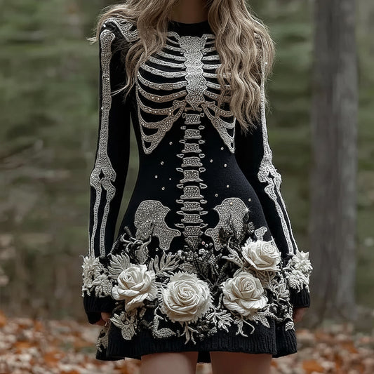 Women's Vintage Skull Rose Comfortable Elegant Sweater Dress elevenforest