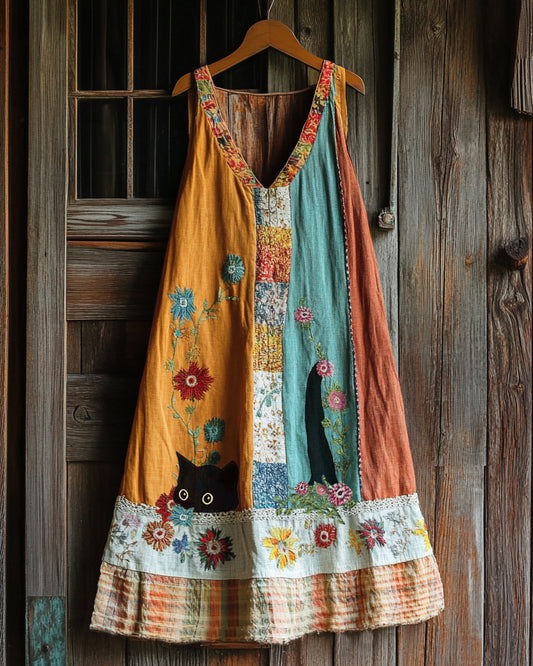 Vintage Black Cat And Patchwork Linen Tank Dress elevenforest