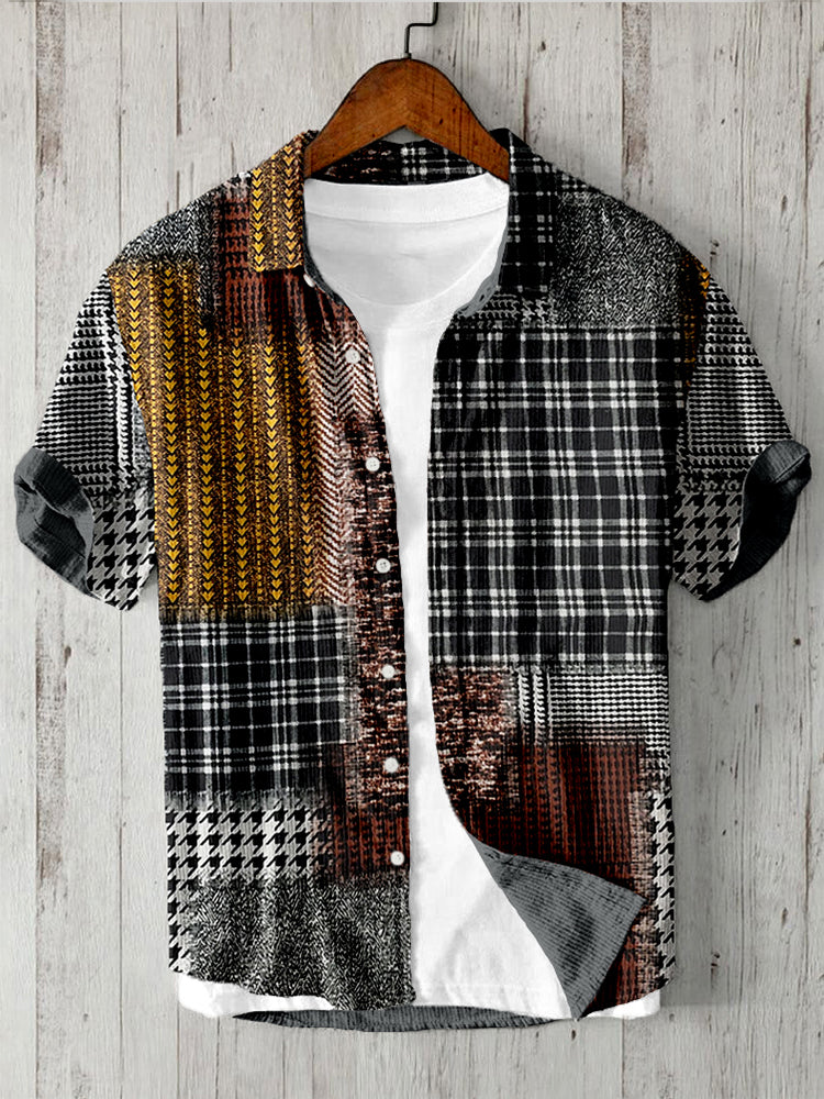 Vintage Checkered Patchwork Contrast Color Linen Shirt elevenforest