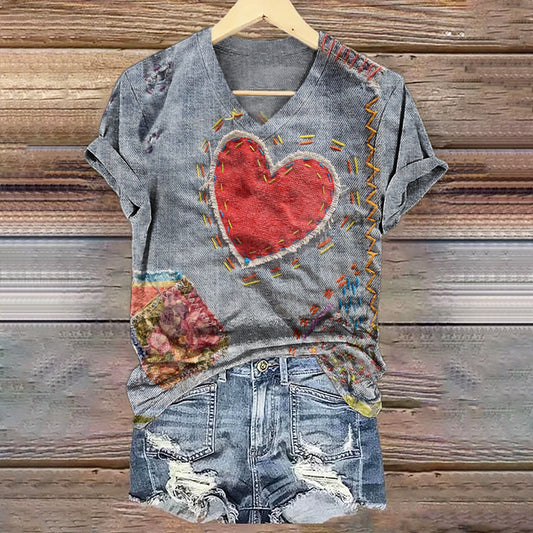 Women's Heart Art Print V-Neck Cotton T-Shirt