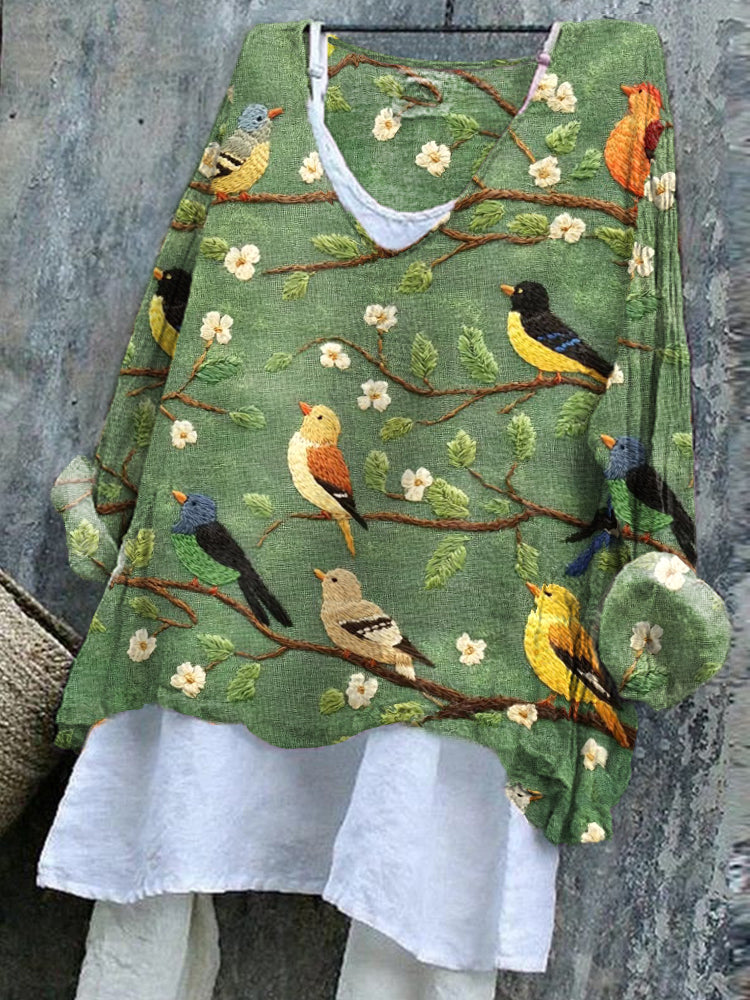 Women's Flower And Bird Embroidery Art Linen Blend Shirt elevenforest