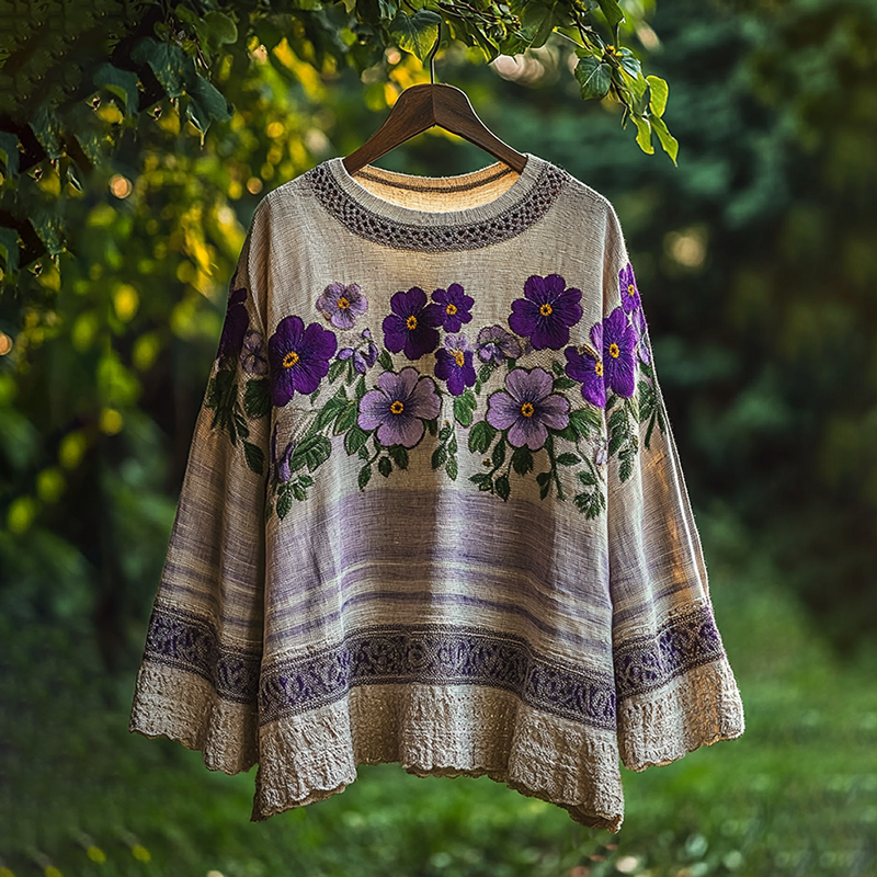 Women's Vintage Floral Embroidery Linen Blend Loose T-shirt elevenforest