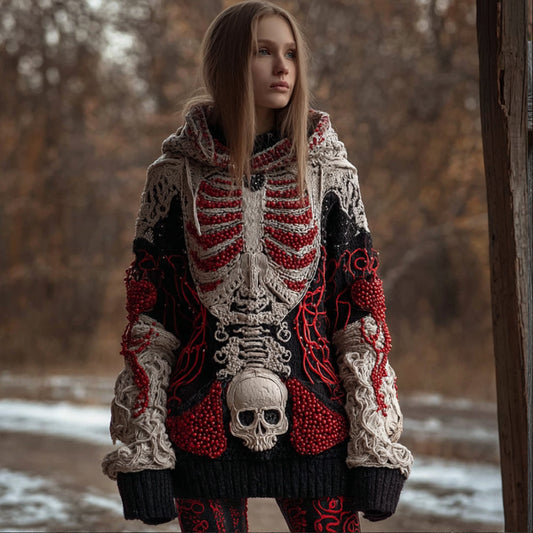Comstylish Halloween Anatomy Art Vintage Coarse Needle Hooded Sweater