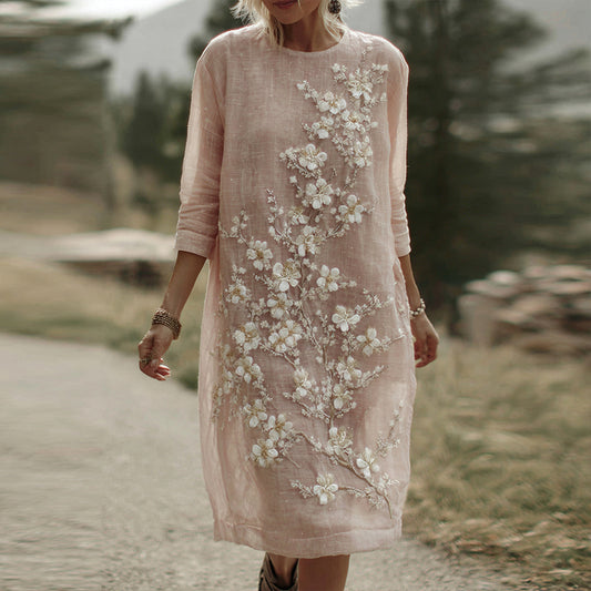Women's Bohemian Cherry Blossom Pattern Casual Round Neck Long Sleeve Dress elevenforest